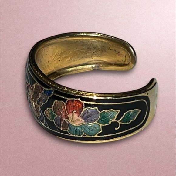 Vintage Cloisonné Enamel Butterfly & Floral Design Cuff Bracelet Gold Tone Adjus - Picture 6 of 8